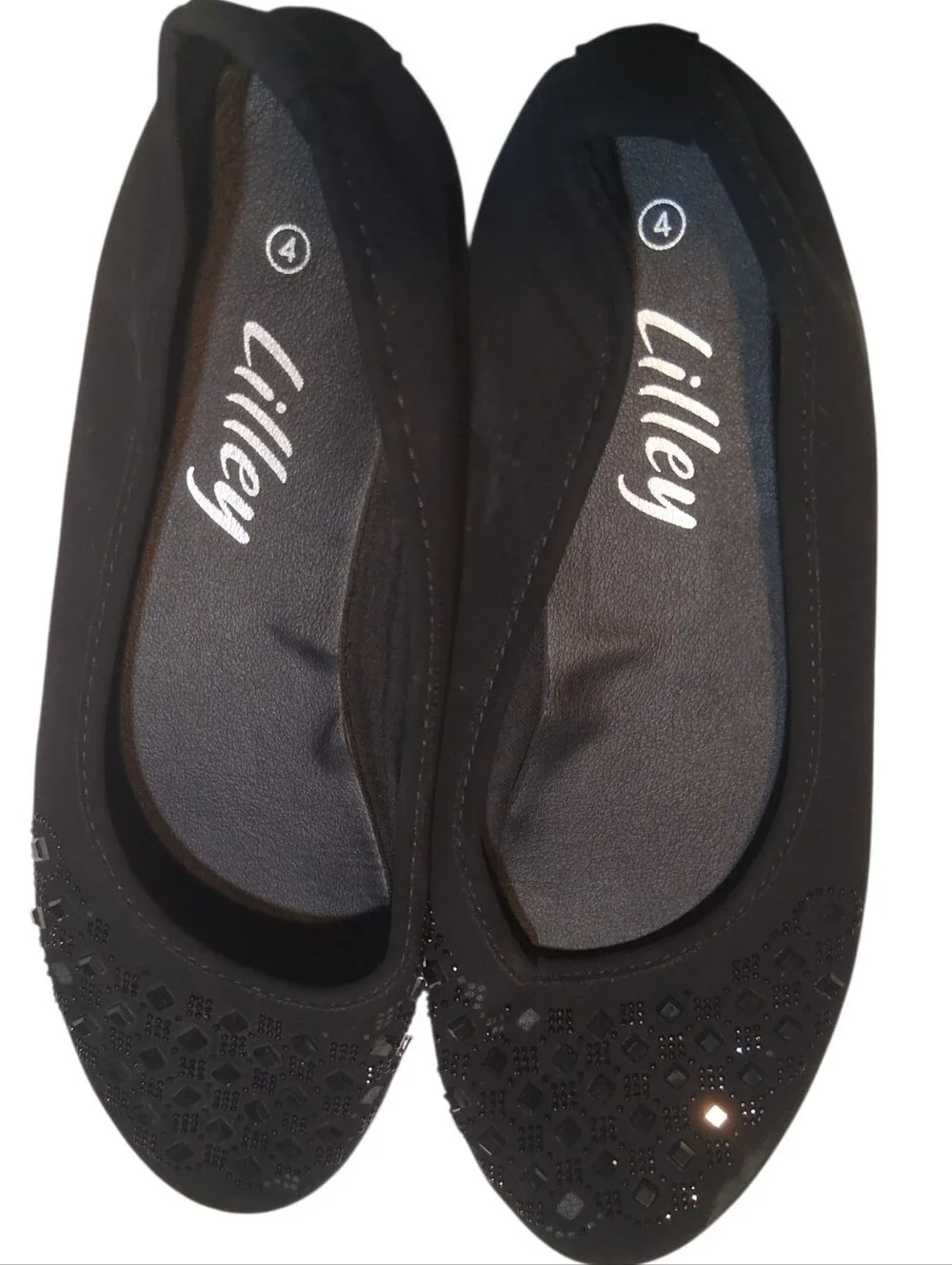 Lilley Black Embellished Ballet Flats Rhinestone Slip-On Shoes Size 4 Comfy